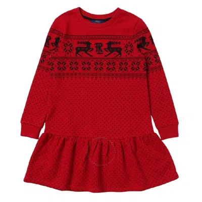 Polo Ralph Lauren Girls Deer-print Long Sleeve Dress In Red