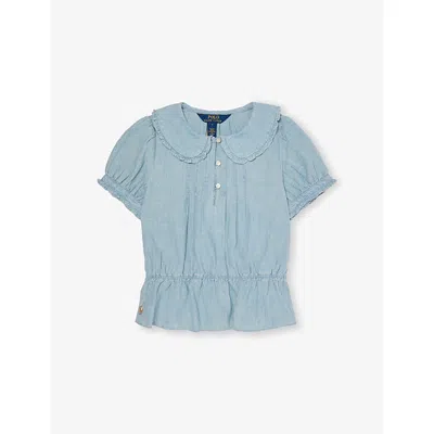 POLO RALPH LAUREN NEW MEDIUM WASH GIRLS' FRILLED PUFFED-SLEEVES DENIM BLOU
