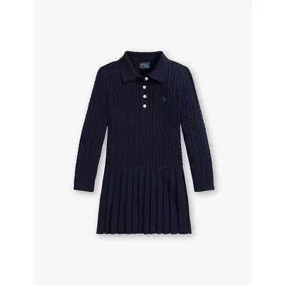 POLO RALPH LAUREN NAVY GIRLS' LOGO-EMBROIDERED CABLE-KNIT COTTON POLO JUMPER D