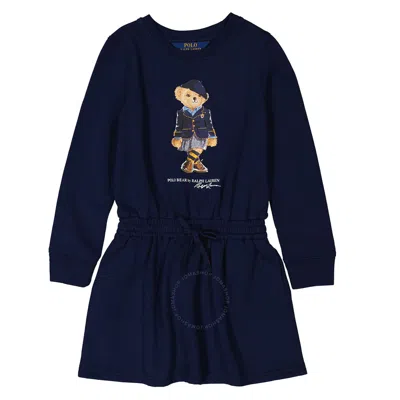 Polo Ralph Lauren Kids'  Girls Navy Polo Bear Long-sleeved Dress In Blue