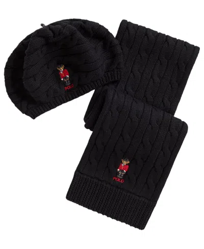 Polo Ralph Lauren Kids' Girls' Polo Bear Cable-knit Hat And Scarf, 2-piece Set In Black