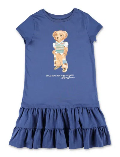 Polo Ralph Lauren Girls Polo Bear Graphic Tiered Dress In Blue