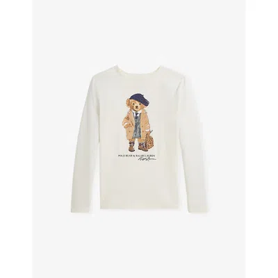 POLO RALPH LAUREN WHITE GIRLS' POLO BEAR LONG-SLEEVE COTTON-JERSEY T-SHIRT