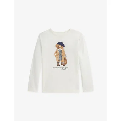 POLO RALPH LAUREN WHITE GIRLS' POLO BEAR LONG-SLEEVE COTTON-JERSEY T-SHIRT