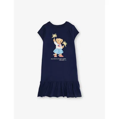 POLO RALPH LAUREN NEWPORT NAVY GIRLS' POLO BEAR-PRINT RUFFLED COTTON DRESS
