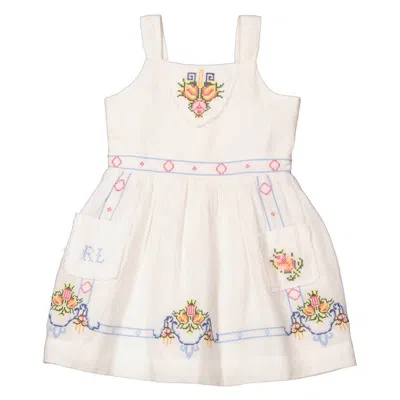 Pre-owned Polo Ralph Lauren Girls White Floral Embroidered Linen Dress