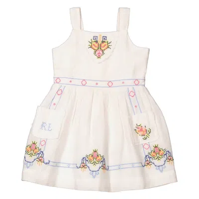 Pre-owned Polo Ralph Lauren Girls White Floral Embroidered Linen Dress