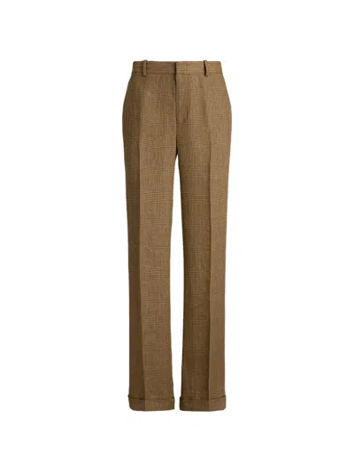 Polo Ralph Lauren Glen Plaid Linen Tweed Straight Trousers In Brown