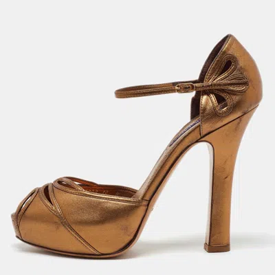 Pre-owned Polo Ralph Lauren Gold Leather Platform Ankle Strap Sandals Size 40