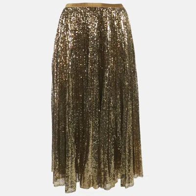 Pre-owned Polo Ralph Lauren Gold Sequin Plisse Midi Skirt Xl