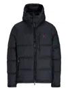 Polo Ralph Lauren Blue Down Jacket With Fixed Hood And Embroidered Pony Logo On Chest In Tech Fabric Man In Black