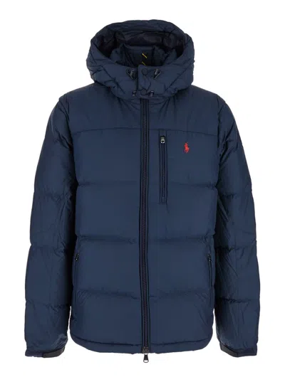 POLO RALPH LAUREN BLUE DOWN JACKET WITH FIXED HOOD AND EMBROIDERED PONY LOGO ON CHEST IN TECH FABRIC MAN