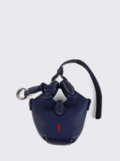 Polo Ralph Lauren Grained Leather Keychain With Embroidered Pony Logo In Blue
