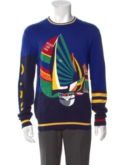 Pre-owned Polo Ralph Lauren Graphic Print Crew Neck Cardigan W/ Tags In Blue