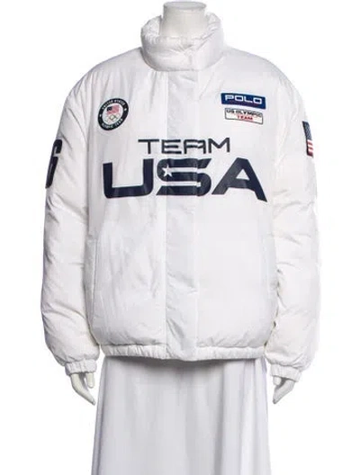 Pre-owned Polo Ralph Lauren Graphic Print Down Jacket In White