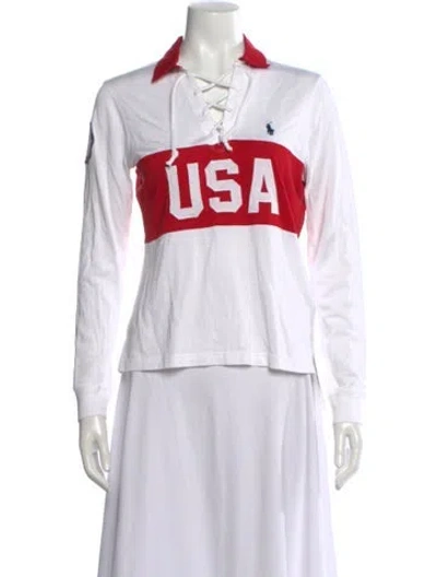 Pre-owned Polo Ralph Lauren Graphic Print Long Sleeve Polo In White