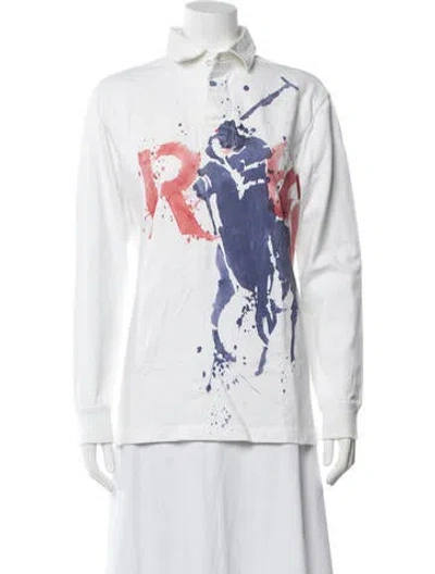 Pre-owned Polo Ralph Lauren Graphic Print Long Sleeve Polo In White