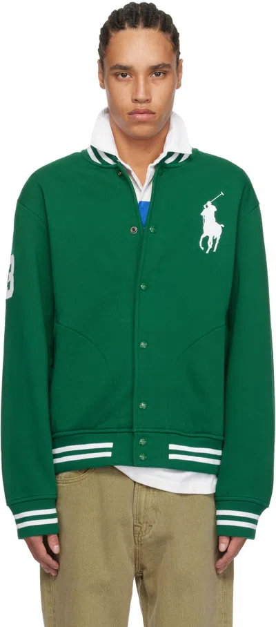 Polo Ralph Lauren Green Big Pony Fleece Baseball Bomber Jacket In Tennis Green
