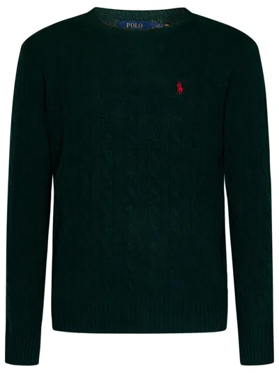 Polo Ralph Lauren Green Cable Knit Crewneck Sweater With Pony Embroidery On The Front In Wool And Cashmere Man