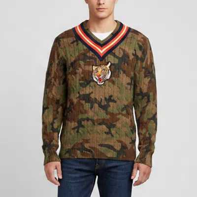 Pre-owned Polo Ralph Lauren Green Camouflage Print Cable Knit Varsity Sweater M