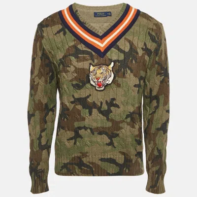 Pre-owned Polo Ralph Lauren Green Camouflage Tiger Applique Knit Pullover M