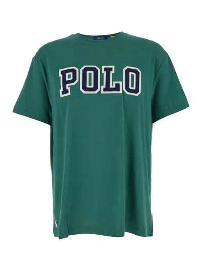 Polo Ralph Lauren Green Crewneck T-shirt With Logo Lettering On The Fornt And Pony Embroidery On The Front In Cotton M