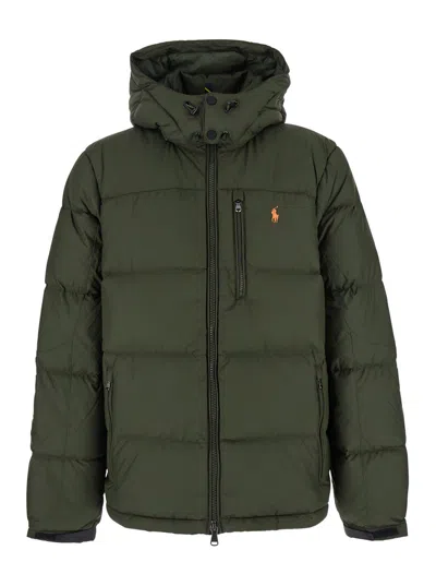 Polo Ralph Lauren Green Down Jacket With Fixed Hood And Embroidered Pony Logo On Chest In Tech Fabric Man In Gray