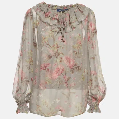 Pre-owned Polo Ralph Lauren Green Floral Ruffle Long Sleeve Blouse S