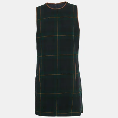 Pre-owned Polo Ralph Lauren Green /navy Blue Plaid Leather Trim Mini Dress L