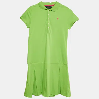 Pre-owned Polo Ralph Lauren Green Pique Cotton Pleated Polo Dress L 12-14 Yrs