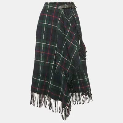 Pre-owned Polo Ralph Lauren Green Plaid Wool Fringe Trim Wrap Skirt M