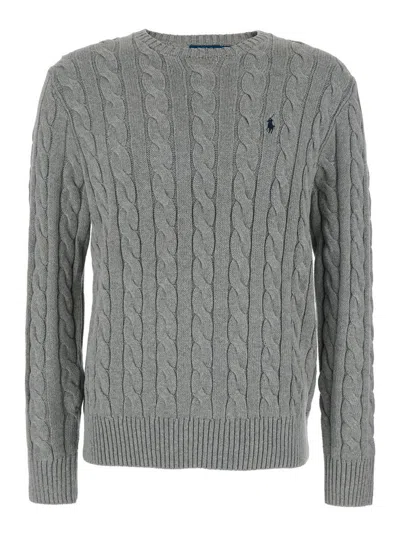 POLO RALPH LAUREN GREY CREWNECK SWEATER WITH PONY EMBROIDERY ON THE FRONT AND WOVEN KNIT