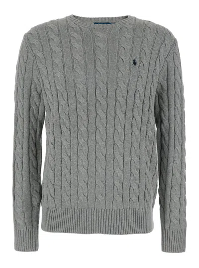 POLO RALPH LAUREN GREY CREWNECK SWEATER WITH PONY EMBROIDERY ON THE FRONT AND WOVEN KNIT IN COTTON MAN
