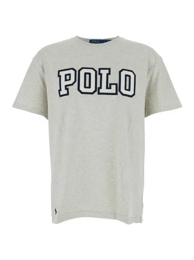 Polo Ralph Lauren Grey Crewneck T-shirt With Logo Print On The Front In Cotton Man In Gray