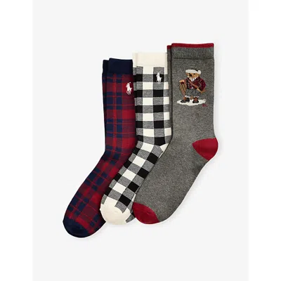 Polo Ralph Lauren Kids' Grey H/ivory/black Boys' Pack Of Three Polo Bear Cotton-blend Sock In White