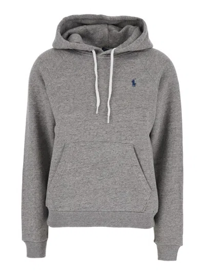 POLO RALPH LAUREN GREY HOODIE WITH DRAWSTRING HOOD AND PONY EMBROIDERY ON THE FRONT