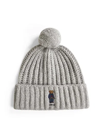 Polo Ralph Lauren Grey Polo Bear Pom Pom Beanie In Black