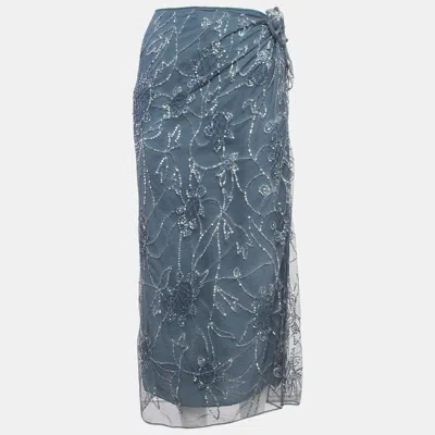 Pre-owned Polo Ralph Lauren Grey Sequin Embroidered Tulle Midi Skirt L