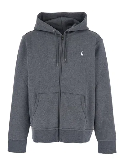 POLO RALPH LAUREN GREY SWEATSHIRT WITH DRAWSTRING HOOD AND PONY EMBROIDERY ON THE FRONT IN COTTON BLEND MAN