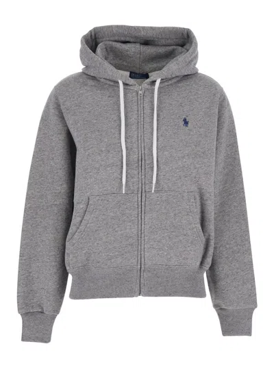 Polo Ralph Lauren Grey Sweatshirt With Drawstring Hood And Pony Embroidery On The Front In Cotton Blend Woman In Gray