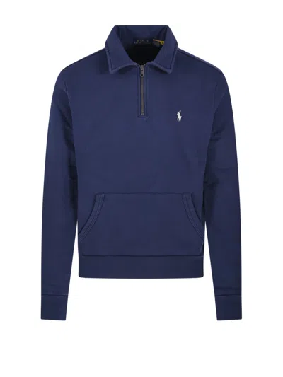Polo Ralph Lauren Half Zip Cotton Sweatshirt With High Collar In Blue