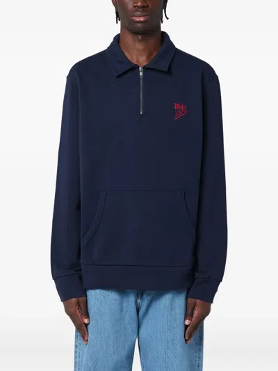 Polo Ralph Lauren Logo Embroidered Half-zip Sweatshirt In Blue