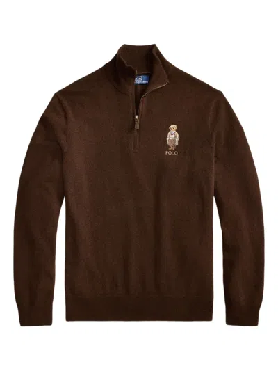 Polo Ralph Lauren Half-zip Polo-bear Sweater In Brown