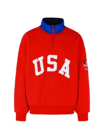 Polo Ralph Lauren Polyester Fleece Jacket High Collar Ribbed In Red