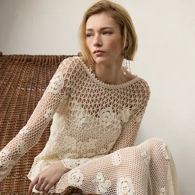 Polo Ralph Lauren Hand-crocheted Floral Silk Sweater In Lux Cream