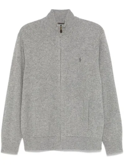 Polo Ralph Lauren Heather Grey Knitted Sweater With Front Zip Fastening In Gray