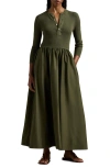Polo Ralph Lauren Henley Long Sleeve Mixed Media Maxi Dress In Canopy Olive