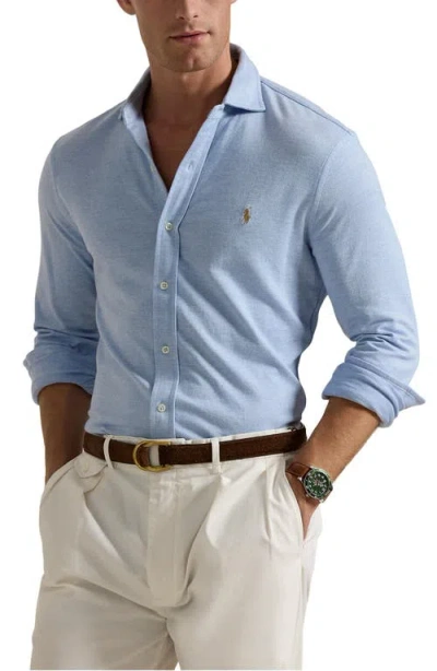 Polo Ralph Lauren Herringbone Knit Button-up Shirt In Isle Htr/office Blue Htr