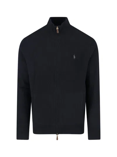 Polo Ralph Lauren High Collar Black Wool Zip-up Polo With Logo Embroidery