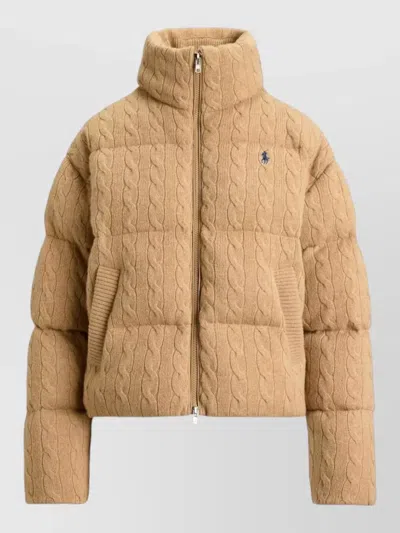 Polo Ralph Lauren High Collar Cable Knit Padded Coat In Nude